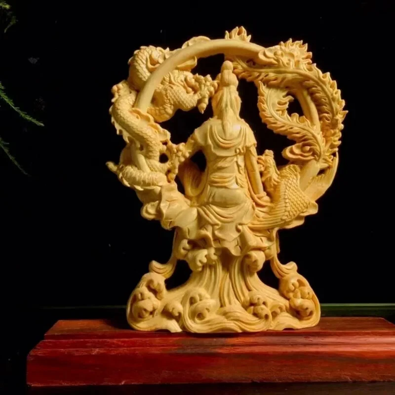 Estatua de dragón y fénix tallada en madera Guanyin tallada en madera maciza Foto 4 de 4