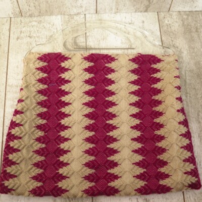 Vintage Lucite Handle Handbag Bright Pink & Tan Zig Zag Design.