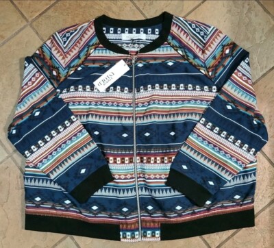 Studio Untold Womens Full Zip Aztec Linen Windbreaker Jacket Coat Sz 24 NEW
