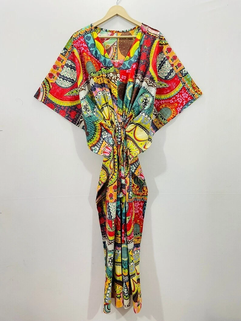 Indian Vintage 100% Cotton Long Beach Maxi Kaftan Dress One Size Caftan Kimono