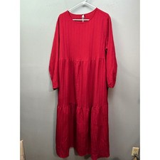 Shein Curve Dress Womens 1XL Red Maxi Tiered Long Sleeve Plisse Textured Gown