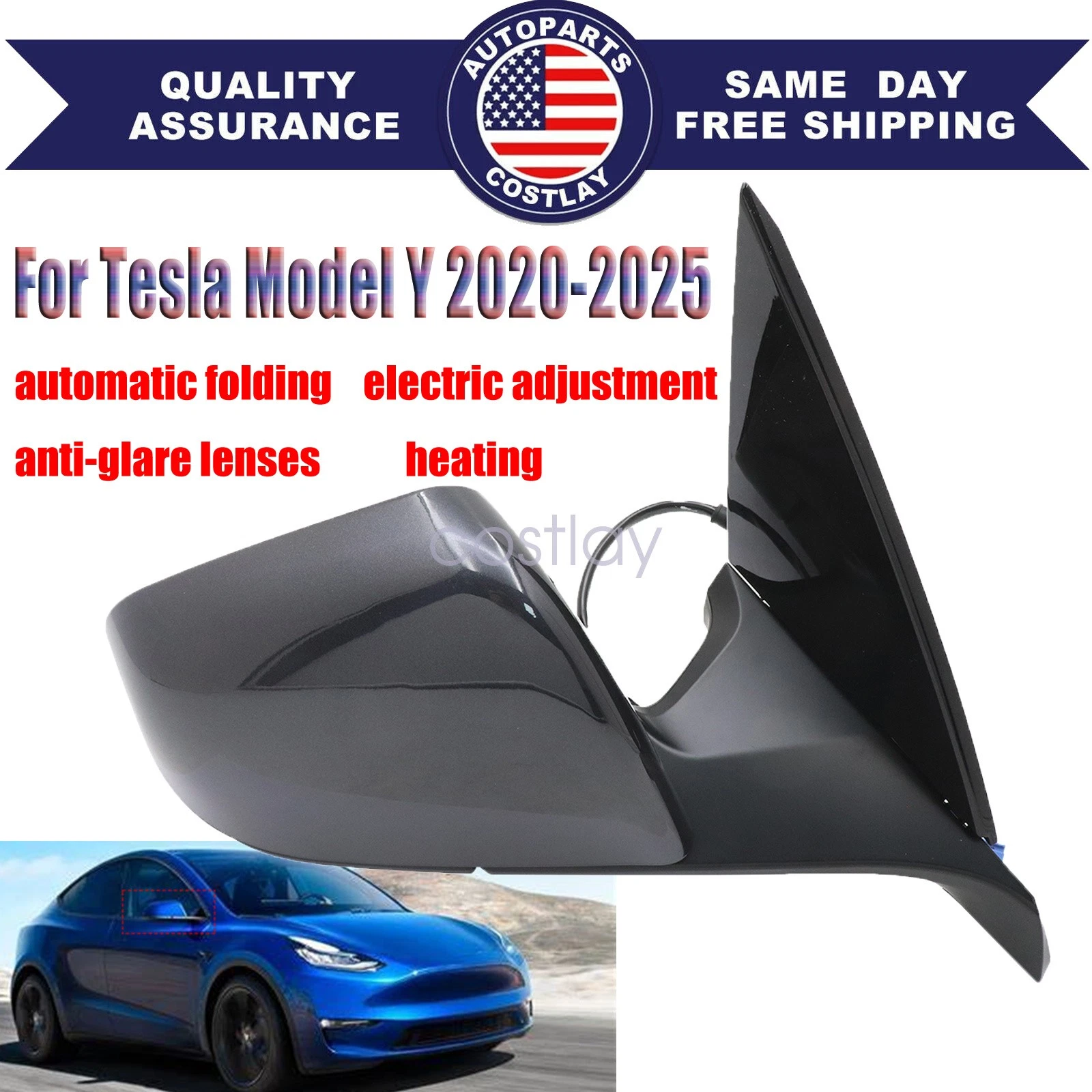 For Tesla Y 2020-2025 1594112-00-B automatic folding Right Side View Mirror