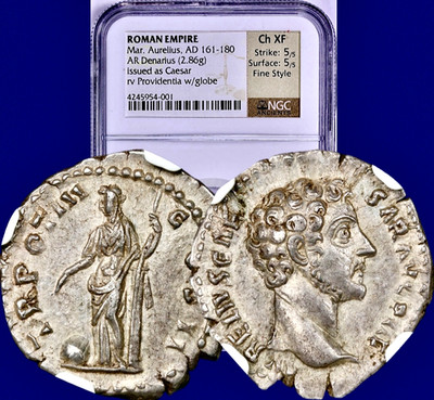 161-180 AD Marcus Aurelius Ancient Silver Denarius NGC Ch XF 5/5-5/5 Fine Style