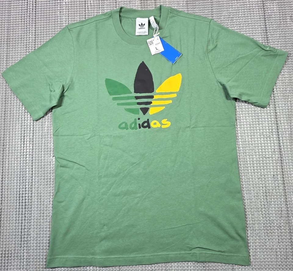 ADIDAS ORIGINALS Green MULTI COLOR TREFOIL T- SHIRT L Jamaica Logo  #IZ2571 NWT - Image 2 of 4
