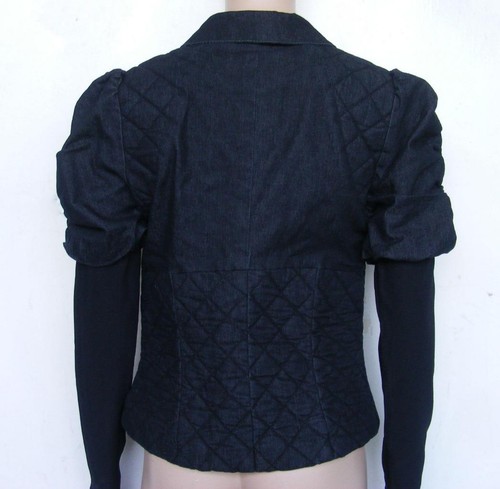 BISOU BISOU Denim Fitted Jean Jacket Leg of Mutton Puffy Sleeve Ruched Quilted S - Picture 2 of 10
