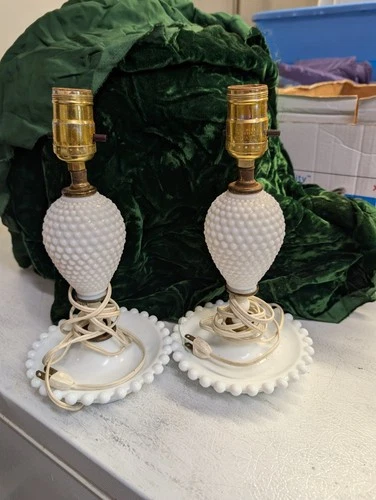 2-Vintage White  Milk Glass /Hobnail Boudoir Lamps  11 inch, No Shades