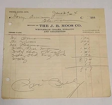 1914 J.B. Moos Tobacco Company Handwritten Billhead Receipt Tobacciana Ephemera 