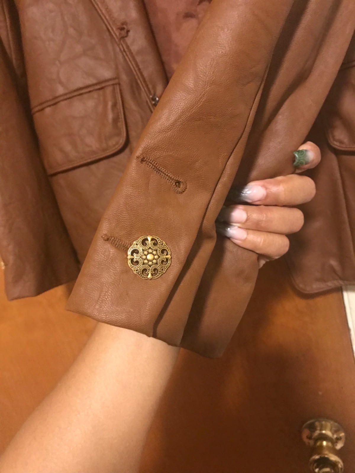brown pleather jacket, size M, missing buttons an… - image 6