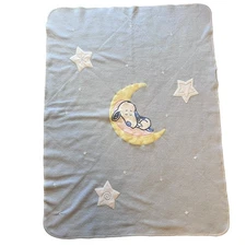 Snoopy Baby Blanket VTG Sleeping On Moon Blue Fleece Crib Lambs Ivy 32"X41"