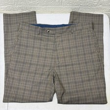 Roundtree Yorke TRAVEL SMART 36x32 Tan Plaid Comfort Waist Flat Pants EX
