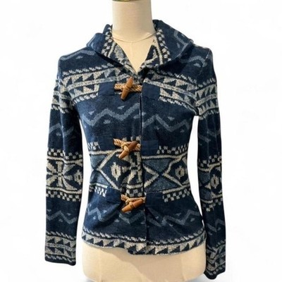 Lauren Ralph Lauren Toggle Cardigan Womens S Blue Southwestern Geometric Knit