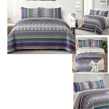 Wongs Bedding Boho Quilt Set King Size Purple Bohemian 3 Pieces Quilt Sets