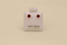 14K Yellow Gold Stud Earrings 4mm Round Ruby-Tone CZ Solitaire July Birthstone