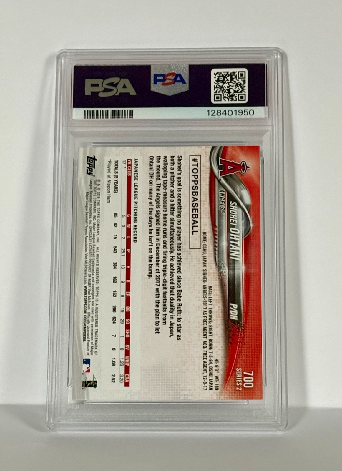 2018 Topps Shohei Ohtani Pitching ROOKIE PSA 9 MINT view 2