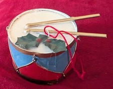 Vtg 3" Marching Drum Christmas Ornament Painted Red Blue with Holly  Drumsticks