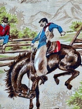 1950’s Rodeo Western Mid Century COWBOY Novelty Horses Barkcloth Vintage Fabric