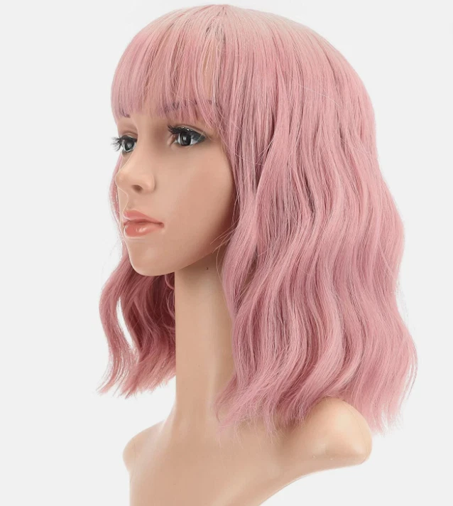 Peluca Bob corta de moda para niñas Peluca rosa púrpura para mujeres Peluca ondulada pastel con flequillo Foto 3 de 3