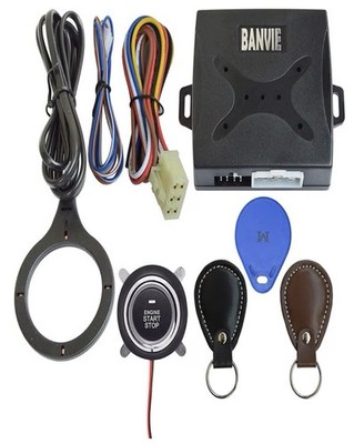 BANVIE Car RFID Push to Start Ignition Kit, Keyless Go Engine Leather Key 