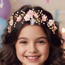 Pink Flower Girl Headpiece Pearl Crystal Floral Headband Bridal Hair Accessory