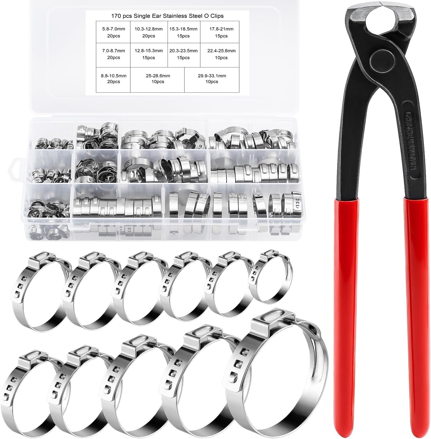 170PCS 304 Stainless Steel Single Ear Hose Clamps 11 Sizes 5.8-33.1mm Stepless Adjustable