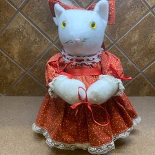 Vintage Stuffed Cat Country Plush Decor Handmade 14" Folk Art Red COTTAGECORE