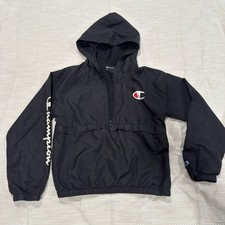 Champion Boys Windbreaker Jacket Black Half Zip Pullover Hooded Script Logo Kids