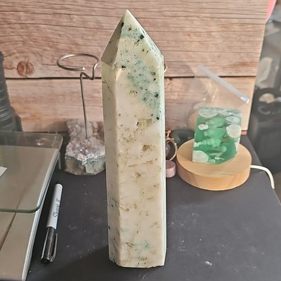 10'' Kiwi Jasper Crystal Tower | 2.12 lb Polished Green & White Jasper Point | La