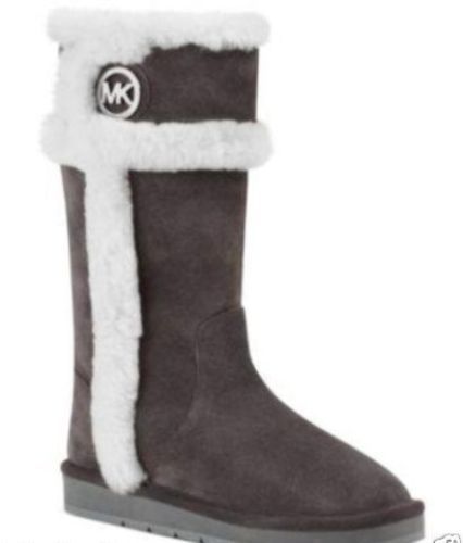 MICHAEL KORS WINTER CHARCOAL SHEARLING MK SILVER LOGO TALL BOOT 5 6 I LOVE SHOES - Picture 1 of 6