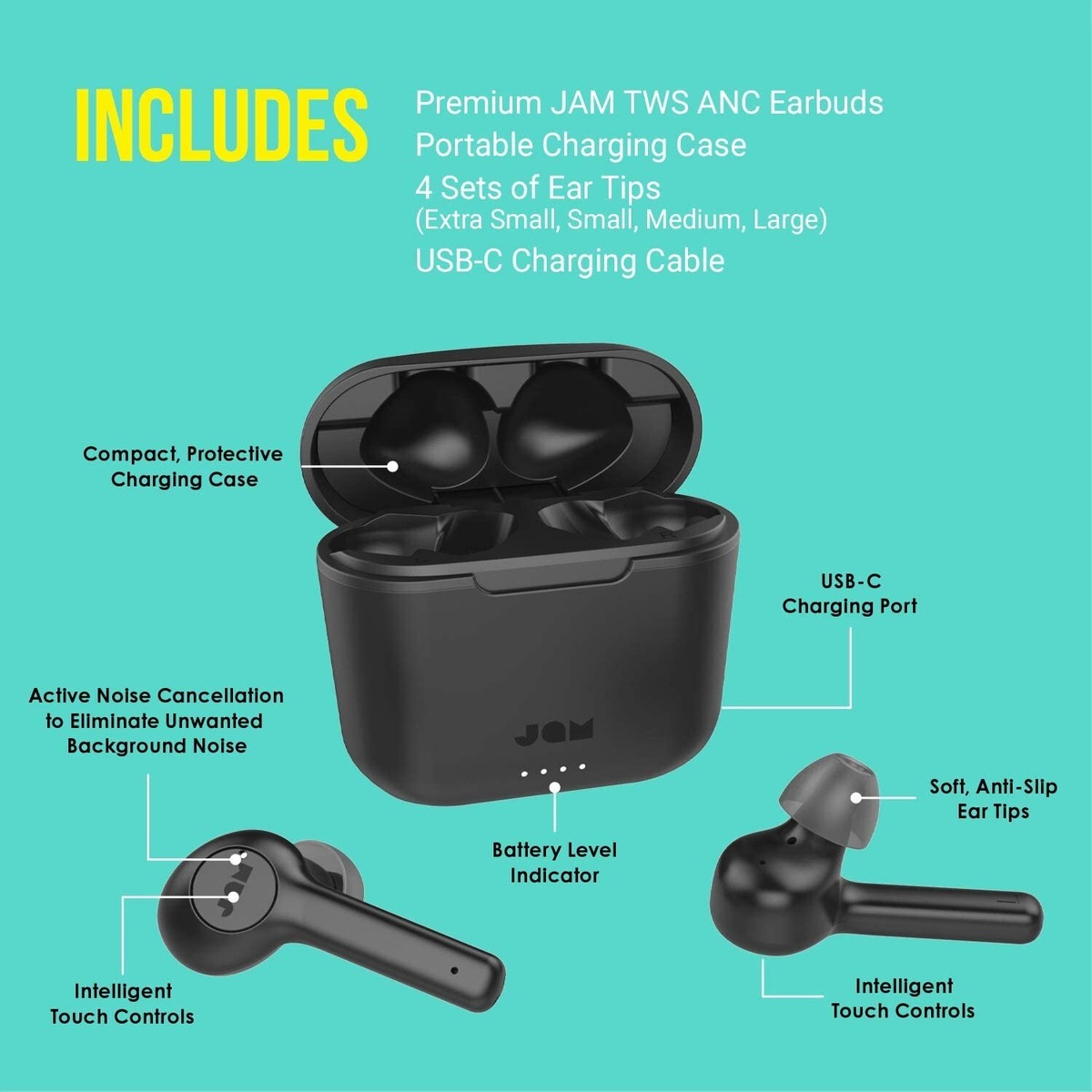 Jam True Wireless Executive ANC Earbuds, Rechargeable Case, Touch