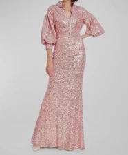 $891 Badgley Mischka Women's Pink Belted Bishop-Sleeve Sequin Gown Dress Size 6