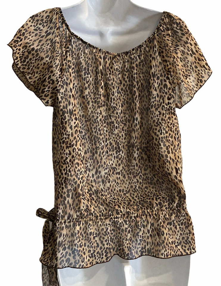 Y2K Womens Sheer Brown Animal Print Blouse Size small Cinched Waist Mob Wife Top - Image 4 of 4