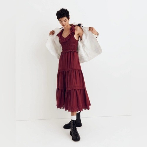 Madewell Lucie Embroidered Cotton Midi Dress Maroon Cotton Cottagecore Size 0