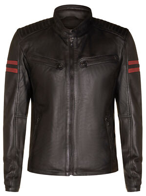 Men's Black Leather Bomber Jacket Vintage Retro Casual Zipped Classic Jacket