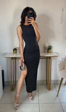 ZARA Black Polyamide Fitted Midi Dress with Rhinestones Size L 1014/803