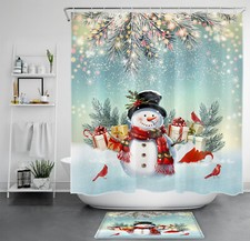 Xmas Pine Branches and Winter Snowman Shower Curtain Bathroom Accessories Set