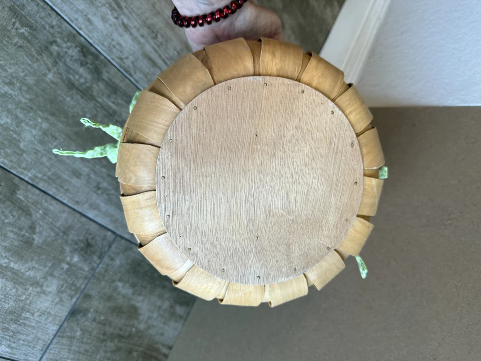 Pink and Green Flower Embroidered Lined Wooden Easter Basket - Image 3 of 3
