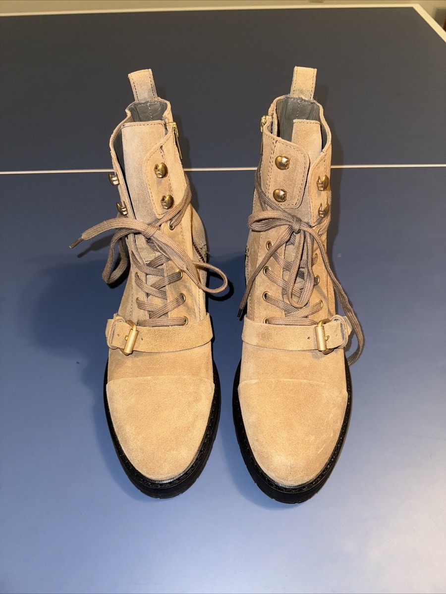 All Saints Donita Women Tan Lace-up/Zip Suede Combat Boots Sz US