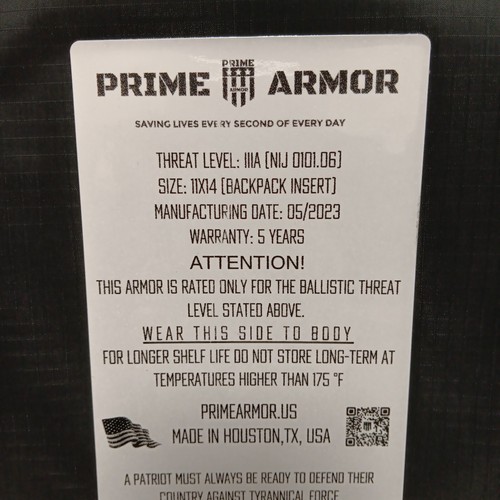 Prime Armor Backpack Armor Insert LVL: IIIA Made In TEXAS - Picture 3 of 3