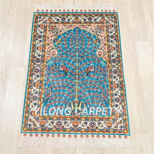 2x3ft Handgeknüpfter Seidenteppich Blau Orientteppich Hängend Wandteppich TJ866A