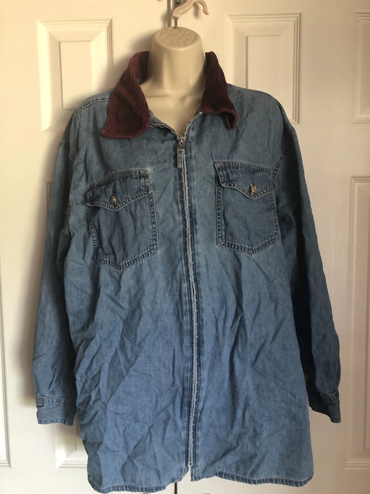 Denim & Co Jacket Shirt Unisex Adult Zip Up Burgundy Collar Distressed Pockets