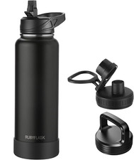 40oz Insulated Water Bottle with Straw, Stainless Steel, Leakproof Lids (Black)