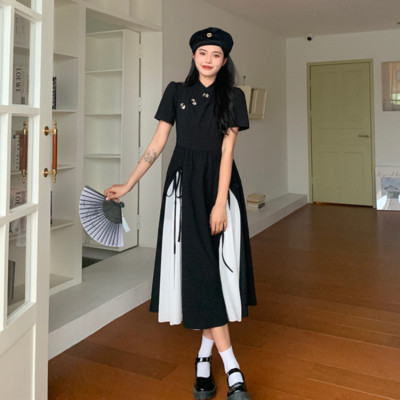 Women Qipao Dress Midi Cheongsam Retro Gothnic Punk Mesh Splicing A-line Swing