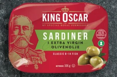 King Oscar Sardiner (sardines) from Norway, in extra virgin olive oil. 106 grams