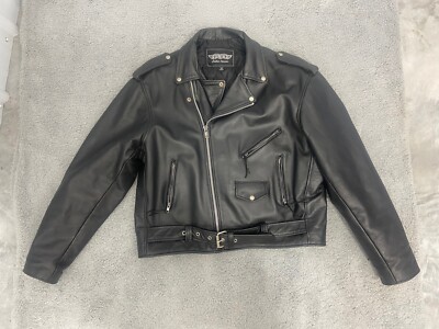 Unik Mens Leather Motorcycle Jacket Sz 50 Black Zip Front Lined