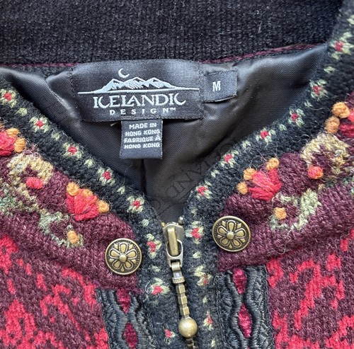 ICELANDIC DESIGN Sweater Jacket Red / Black Wool Cotton Size Large Vintage - Picture 2 of 18