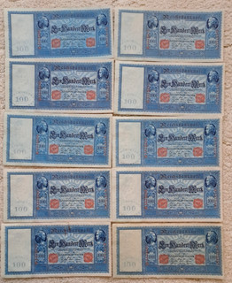 Germany 10 x 100 mark 1910 lot with near consecutive see other sales