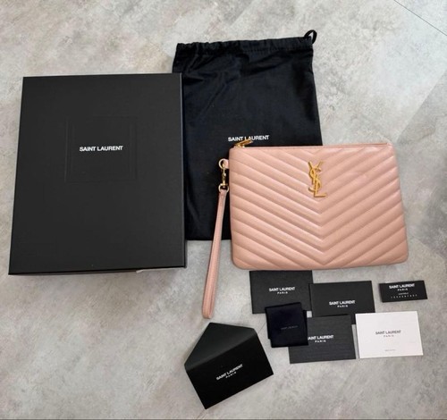 YSL Saint Laurent Monogram Clutch Bag Pink Quilted Lambskin Leather  Logo Womens