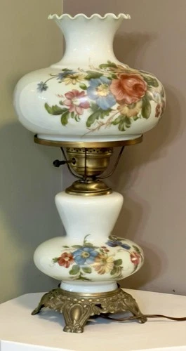 Vintage Floral Hurricane Lamp Cased Milk Glass Ruffle Shade 3-Way Light 20.25