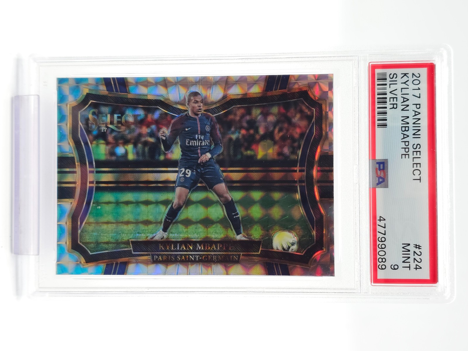 KYLIAN MBAPPE 2017-18 PANINI SELECT SILVER PRIZM #224 PSG PSA 9 MINT Q6159
