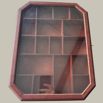 Vintage Wood Shadow Box Display Case Glass Front Trinkets Curio Wall Hanging